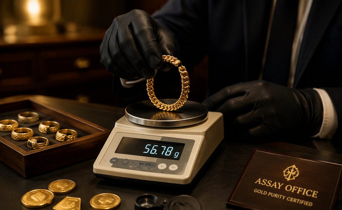 Gold valuation - weighing gold on a precision scale to calculate its value
