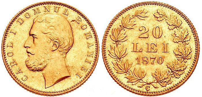 Romanian 20 Lei gold coin